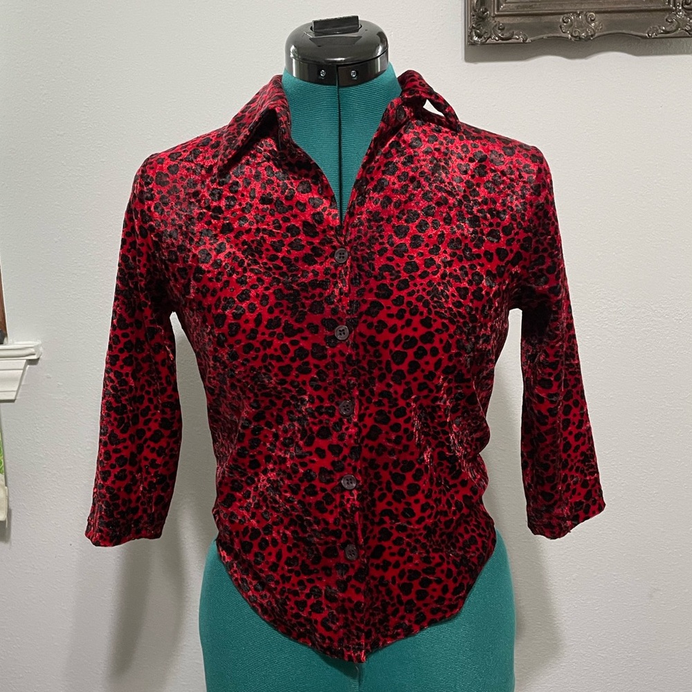 Y2K 1990s Red Leopard Animal Print Velvet Croptop